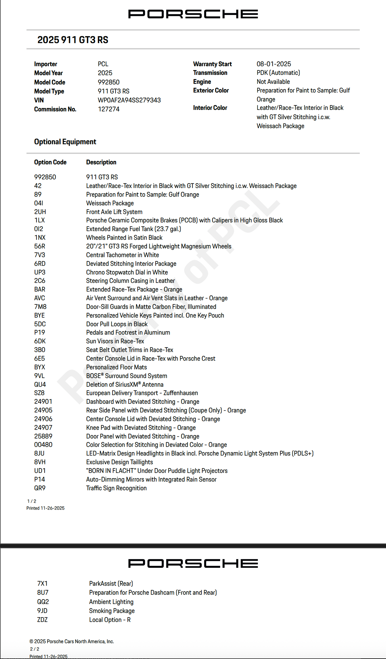 2025 Porsche 911 GT3 RS Build Sheet